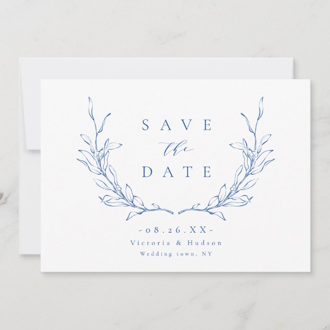 Blaues, einfaches botanisches Wappen-Monogramm Save The Date (Vorderseite)