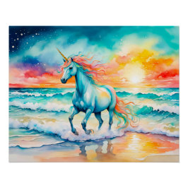 Blaues Einhorn-Galoping am Ozean Poster