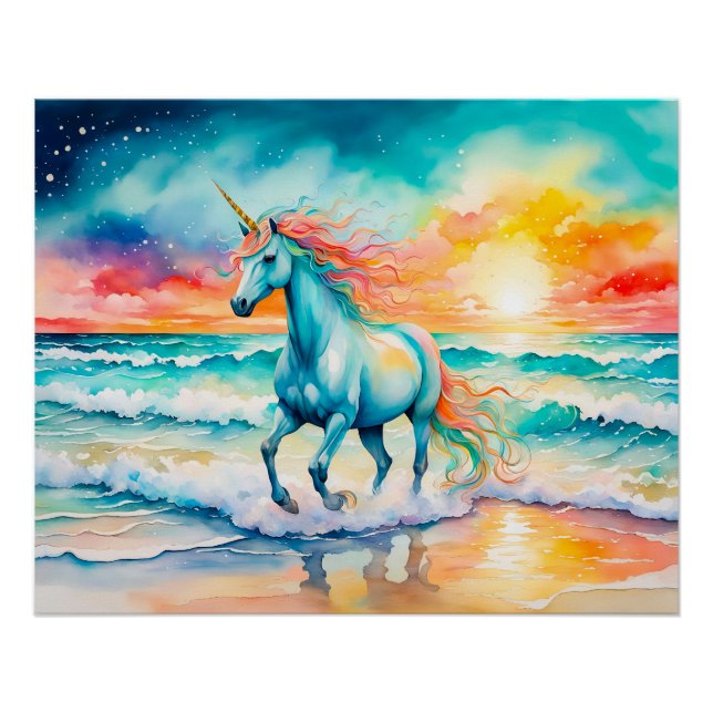 Blaues Einhorn-Galoping am Ozean Poster (Vorderseite)
