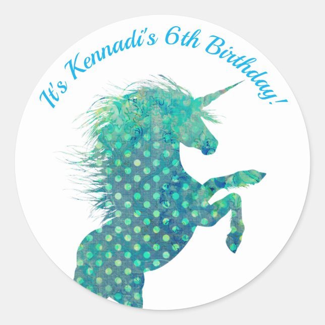 Blaues Einhorn, Geburtstag Runder Aufkleber (Vorderseite)