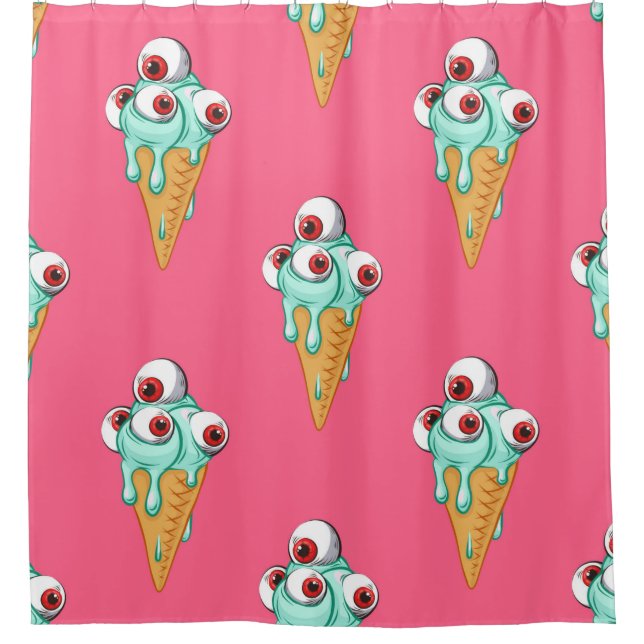 Blaues Eis mit Augen. Rosa Hintergrund. Seamles Duschvorhang (Vorderseite)
