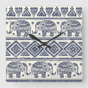 Blaues Elefantenmuster Quadratische Wanduhr