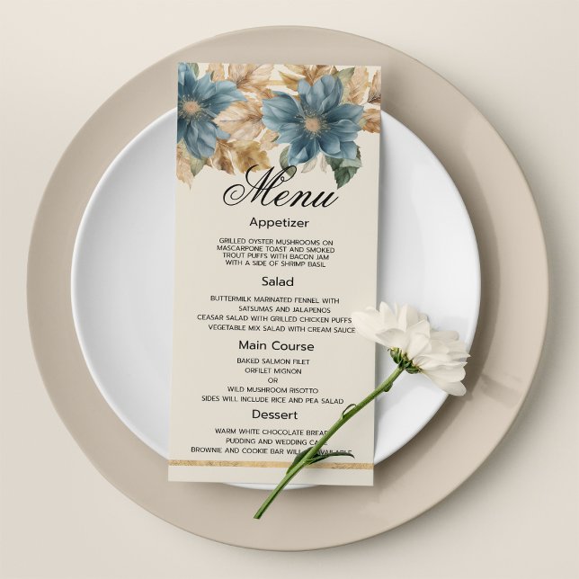 Blaues Elfenbein-Goldfall-Frühling Blumenmenü Programm (Blue ivory gold fall spring floral Wedding Menu)
