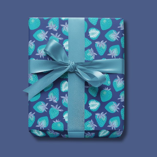 Blaues Erdbeermuster Geschenkpapier (Cute strawberry summer fruit wrapping paper, ideal for birthdays gift wrap.)