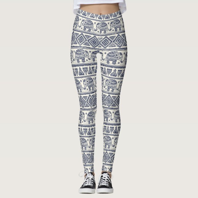 Blaues Ethnisch-Elefantenmuster Leggings (Vorderseite)