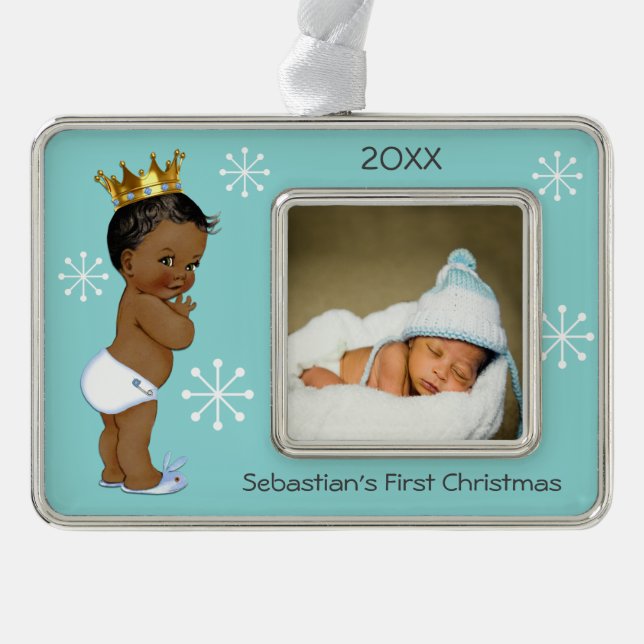 Blaues ethnisches 1. WeihnachtsFoto Prinz-Baby Rahmen-Ornament Silber (Vorderseite)