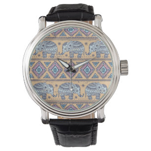 Blaues ethnisches Elefant-Stammmuster Armbanduhr