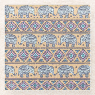 Blaues ethnisches Elefant-Stammmuster Glasuntersetzer