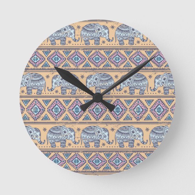 Blaues ethnisches Elefantenstamm Runde Wanduhr (Vorderseite)