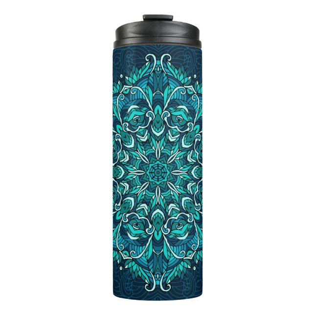Blaues ethnisches Mandala. Raster-Kopie Thermosbecher (Vorderseite)