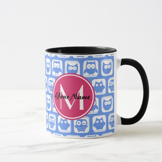 Blaues Eukalyptomuster Rosa Angepasstes Monogramm  Tasse (Rechts)
