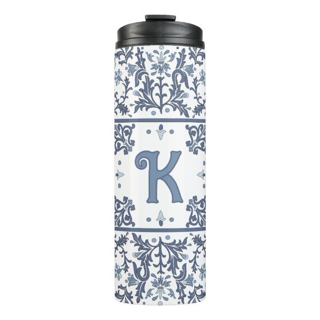 Blaues Extravagantes florales Grafikmuster Persona Thermosbecher (Vorderseite)