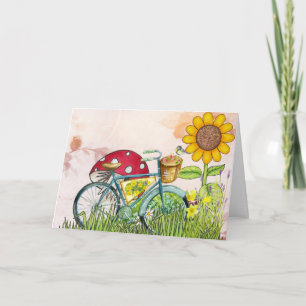 Blaues Fahrrad Gelbe Sonnenblume Pilz-Bird Rosa Karte