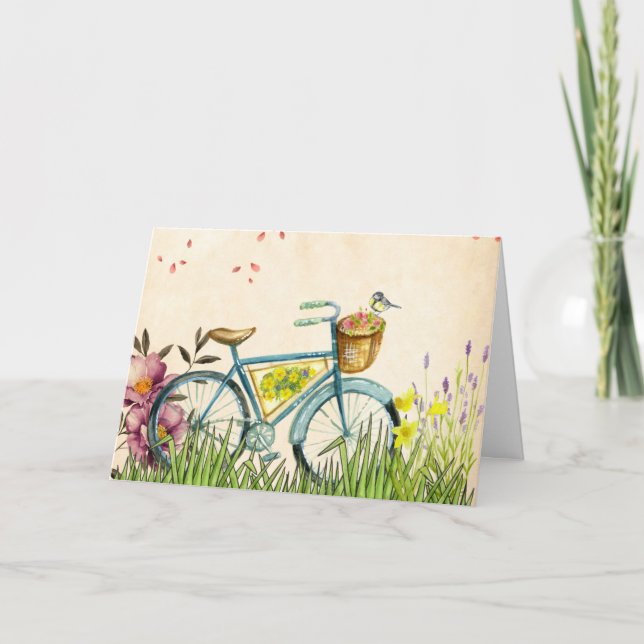 Blaues Fahrrad Rosa Blume & Gelbvögel Karte (Vorderseite)