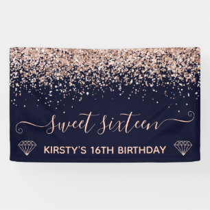 Blaues & falsches Roségold Glitter Sweet 16 Banner