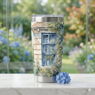 Blaues Fenster Steinmauer Cottage Reben Thermobecher