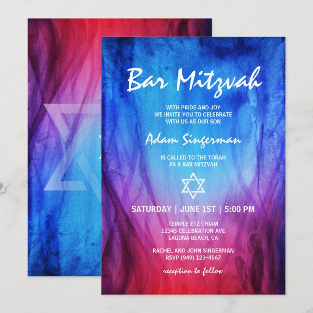 Blaues Feuer und Eis | Star von David Bar Mitzvah Einladung (Vorne/Hinten)