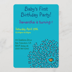 Blaues Fisch-Schulmuster mit kleinen orange Einladung