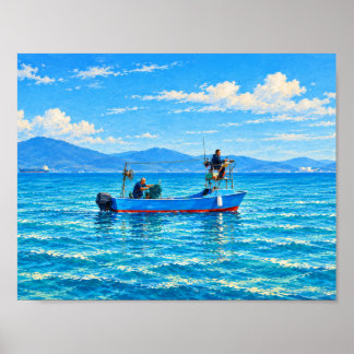 Blaues Fischerboot auf See Malerische Küstenkunst Poster