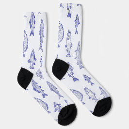 Blaues Fischmuster auf weißem Grund stromaufwärts Socken
