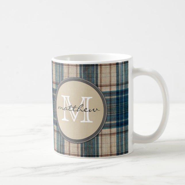 Blaues Flanell-Hintergrund-Monogramm Kaffeetasse (Rechts)