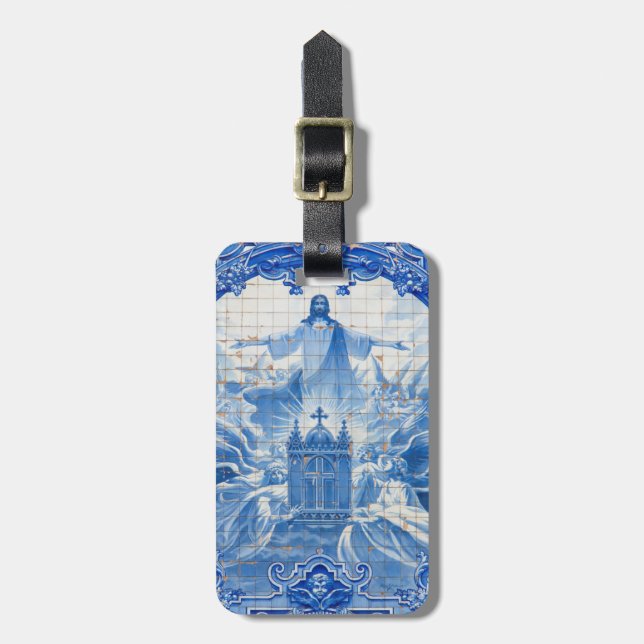 Blaues Fliesenmosaik Jesus, Portugal Gepäckanhänger (Vorderseite vertikal)