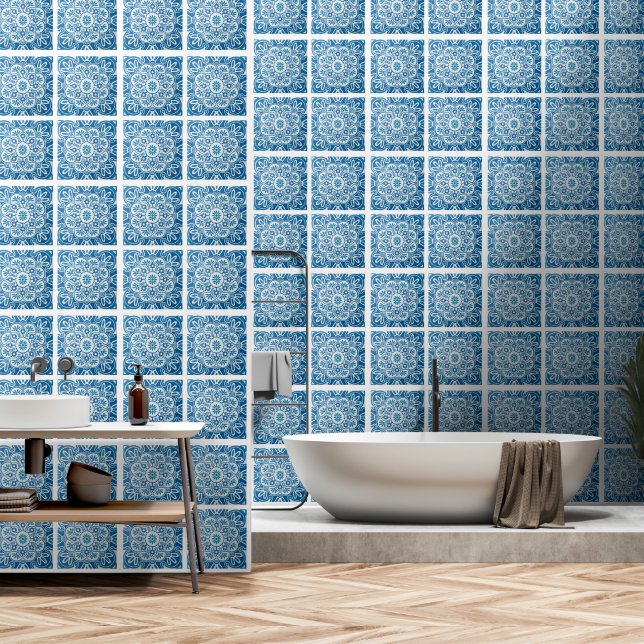 Blaues Fliesenmuster Wallpaper 2' x 4' Tapete (Badezimmer)