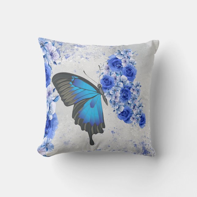 Blaues Floral Butterfly Square Kissen (Vorderseite)