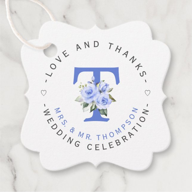 Blaues Floral Monogramm Geschenkanhänger (Vorderseite)