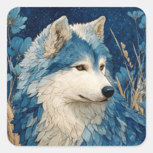Blaues Floral Wolf Profil mit goldenen Weizenstern Quadratischer Aufkleber