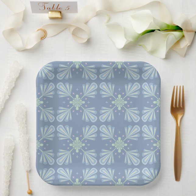 Blaues florales abstraktes Muster Pappteller (Hochzeit)