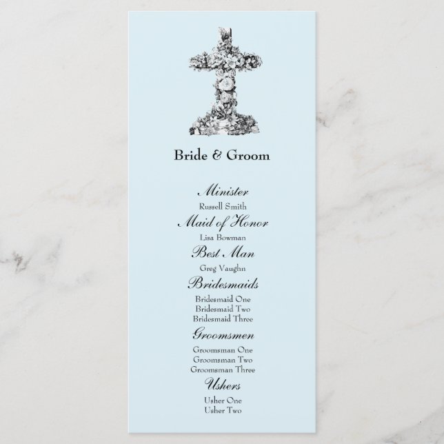 Blaues florales christliches Hochzeitsprogramm mit Programm (Vorderseite)
