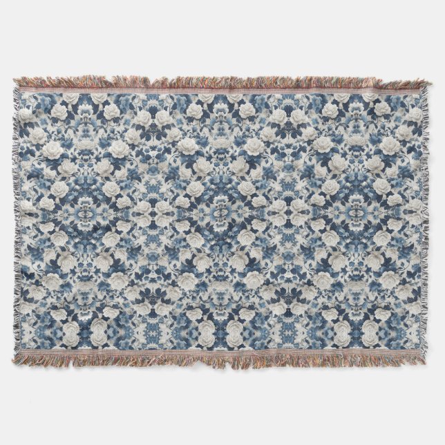Blaues florales Damastmuster-Decke Decke (Vorderseite)