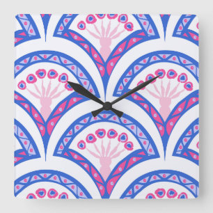 blaues florales Damastmuster  Quadratische Wanduhr