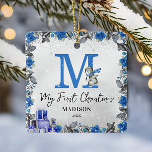 Blaues florales erstes Weihnachten des Babys Keramikornament