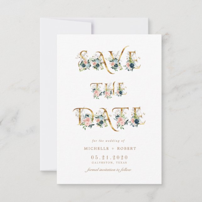 blaues florales Goldskript-Foto Save the Date Einladung (Vorderseite)
