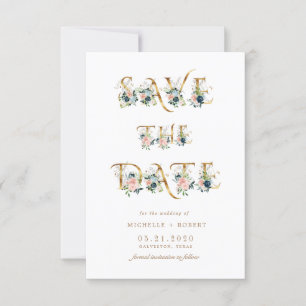 blaues florales Goldskript-Foto Save the Date Einladung