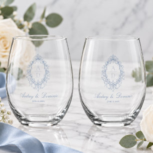 Blaues florales Hochzeitsmonogramm Weinglas Ohne Stiel
