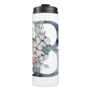 Blaues florales Monogramm Initial B Thermosbecher