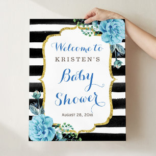 Blaues florales Schwarz-Weiß gestreiftes Babyshowe Poster
