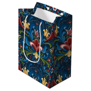 Blaues florales skandinavisches Volkskunstmuster Mittlere Geschenktüte