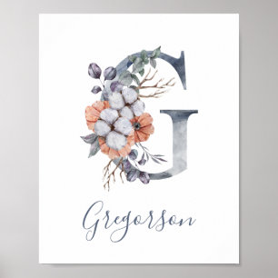 Blaues florales Wasserfarben-Monogramm G Nachname  Poster