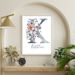 Blaues florales Wasserfarben-Monogramm K Name  Poster
