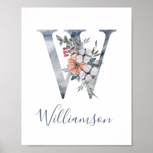 Blaues florales Wasserfarben-Monogramm W Nachname  Poster
