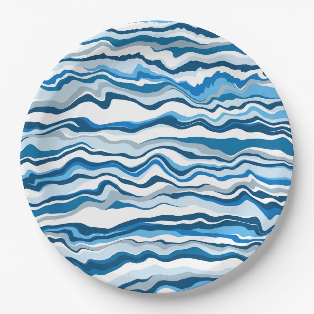 Blaues Fluid Art Marmor Pour Painting Strip Pappteller (Vorderseite)
