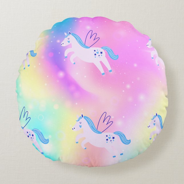 Blaues Flying Unicorn-Regenbogenwurzel Kissen (Vorderseite)