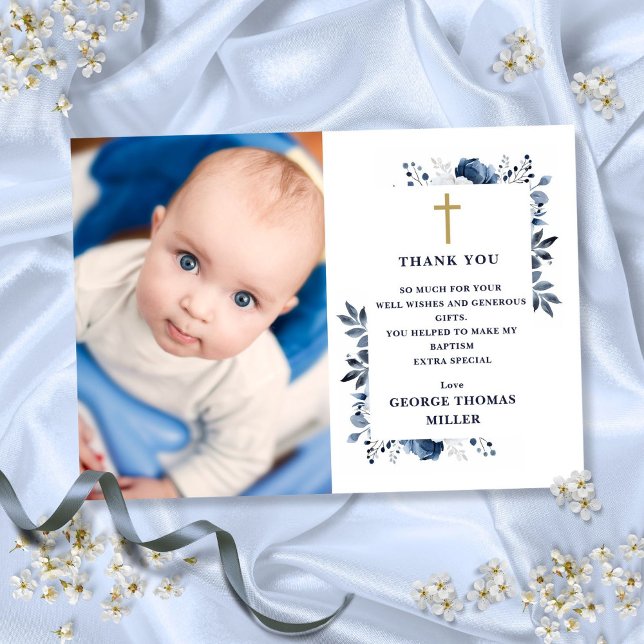 Blaues Foto Dankeskarte (Navy Blue Floral Photo Baptism Christening Thank You Card)