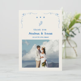 Blaues Foto-Hochzeit mit handgezeichnetem Bow Mono Dankeskarte