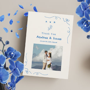 Blaues Foto-Hochzeit mit handgezeichnetem Bow Mono Dankeskarte