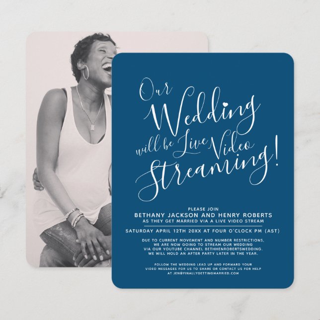 Blaues Foto live Streaming Hochzeit Einladung (Vorne/Hinten)